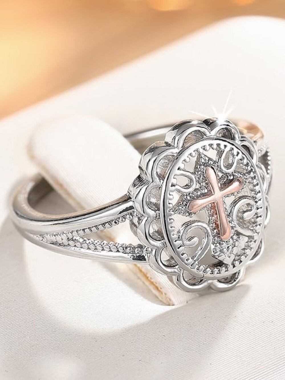 Two-Tone 925 Sterling Silver Plated Cross Statement Rings for Women Men,Victoria - Picture 2 of 7